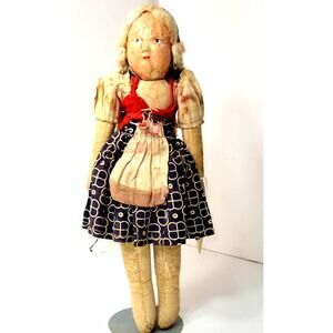 12" 1940s Old Vintage Rag Doll W/White Mohair Braids, Painted Crackled Mask Face